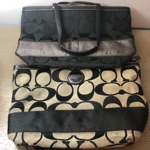 Two Coach small totes black and black and gray